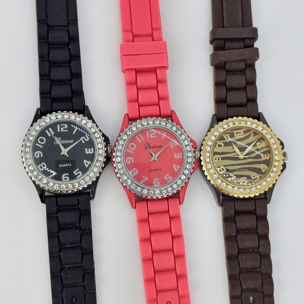 3X Women Watch 38MM Black Pink Orange Brown Dial Plastic Bands New Battery READ